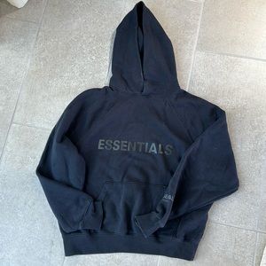 Fear of God, essentials, navy blue hoodie, unisex, size extra small